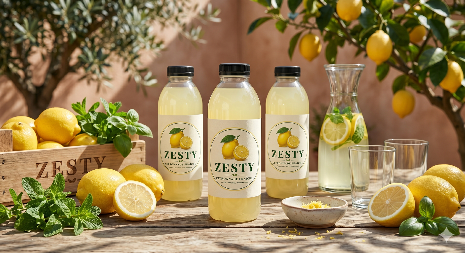 Bouteilles ZESTY dans une ambiance méditerranéenne avec citrons frais, menthe et carafe
